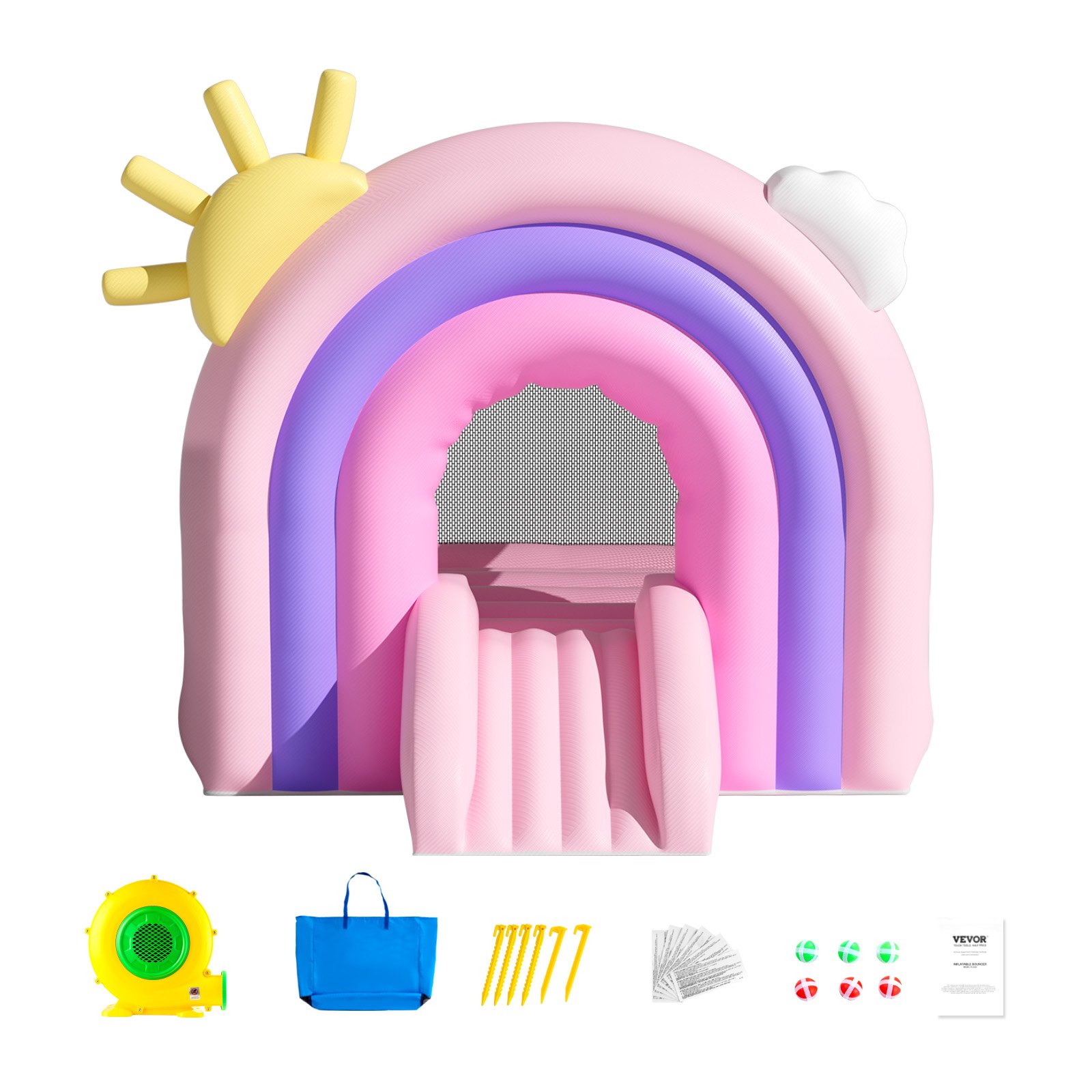 Pastel rainbow inflatable bounce house with accessories.