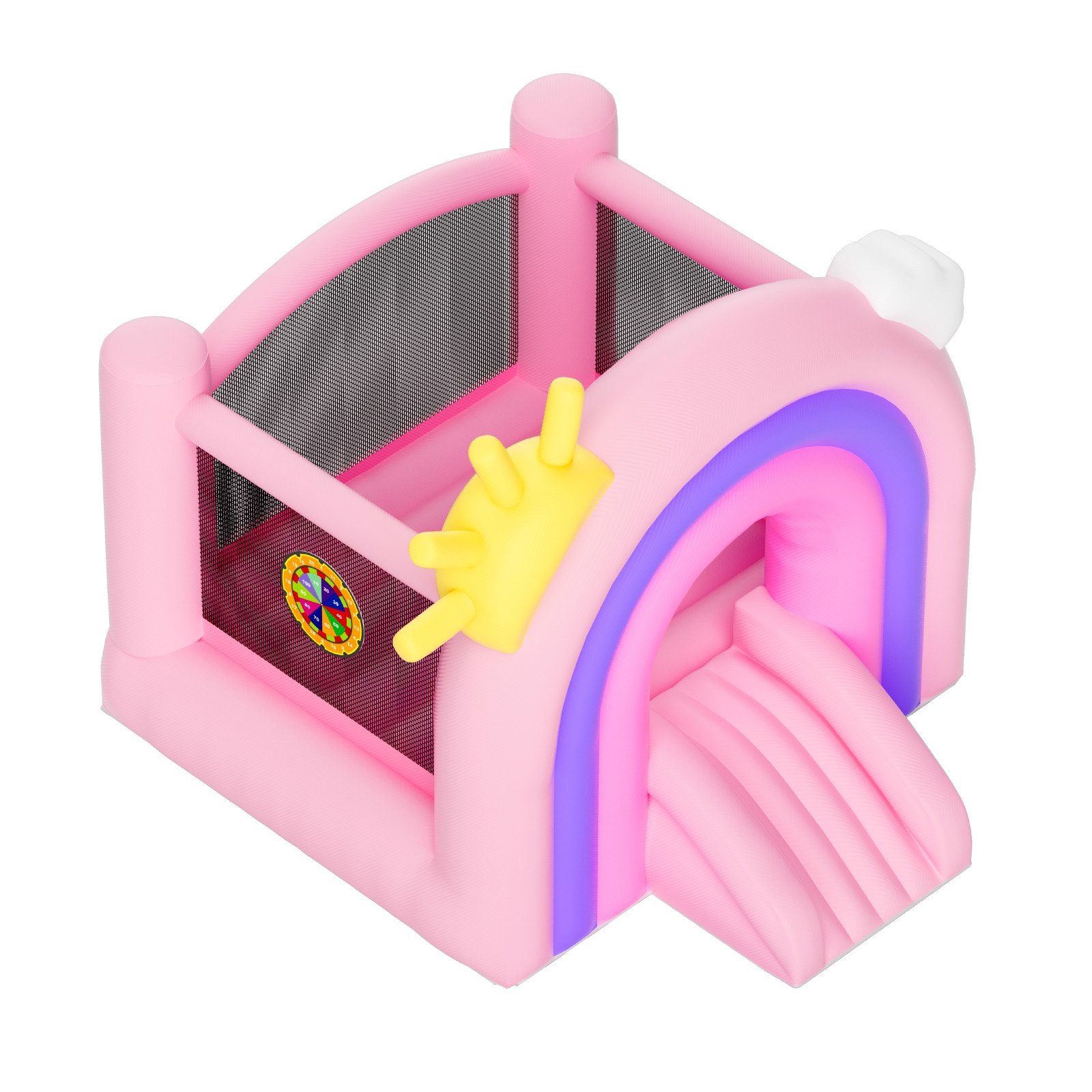 Pink inflatable bouncy castle with rainbow design.