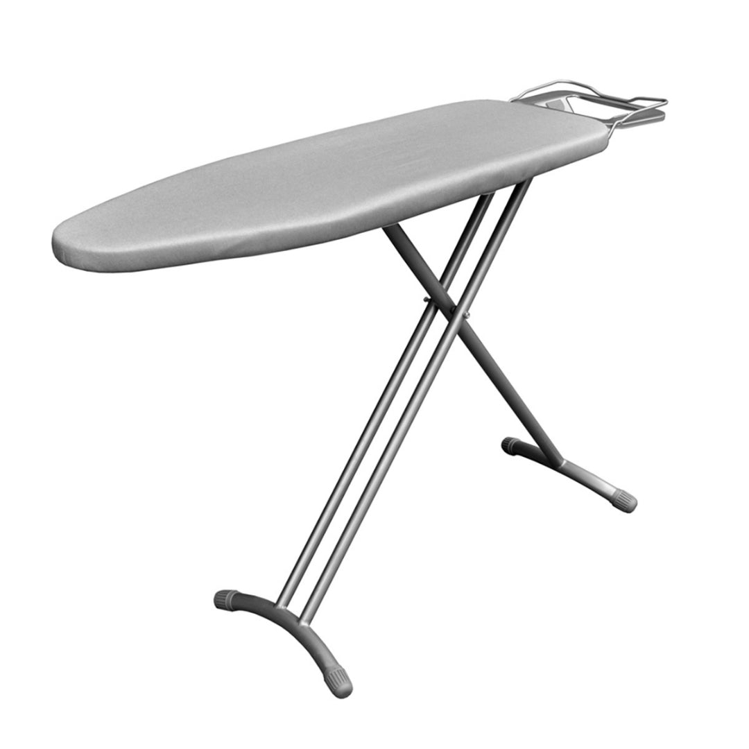 Foldable ironing board with metal legs.