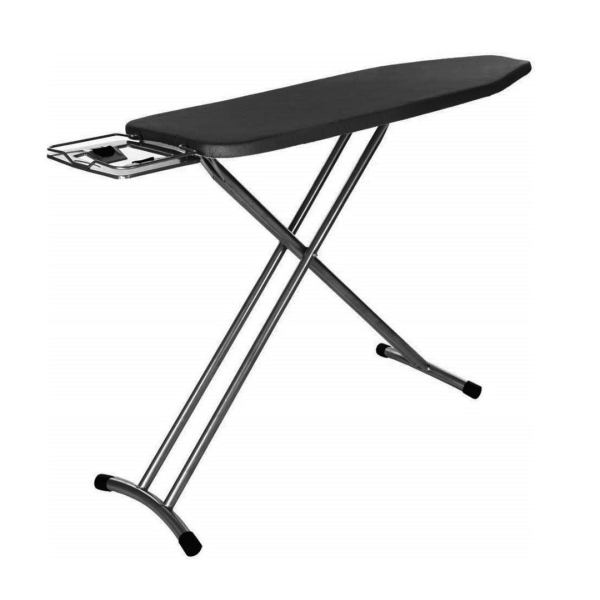 Foldable ironing board with metallic frame.