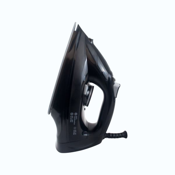 Black electric steam iron, side view.