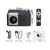 HD projector with cables and remote, dimensions shown.