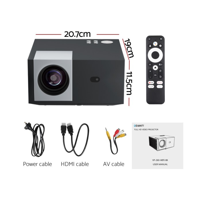 HD projector with cables and remote, dimensions shown.