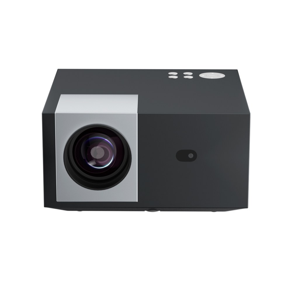 Compact black digital projector, front view
