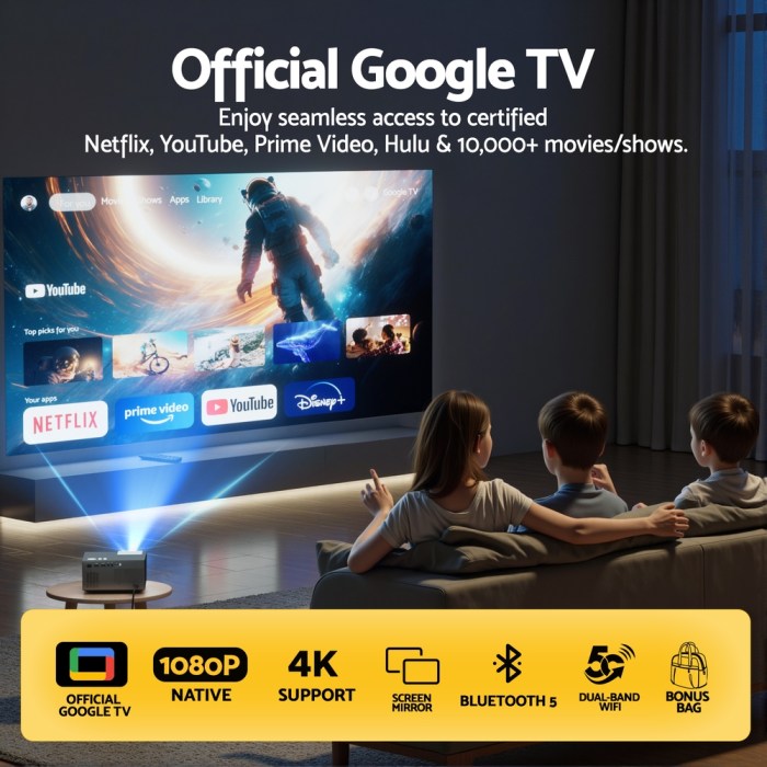 Kids watching Google TV with streaming apps displayed.