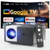 Projector and remote with Google TV interface.