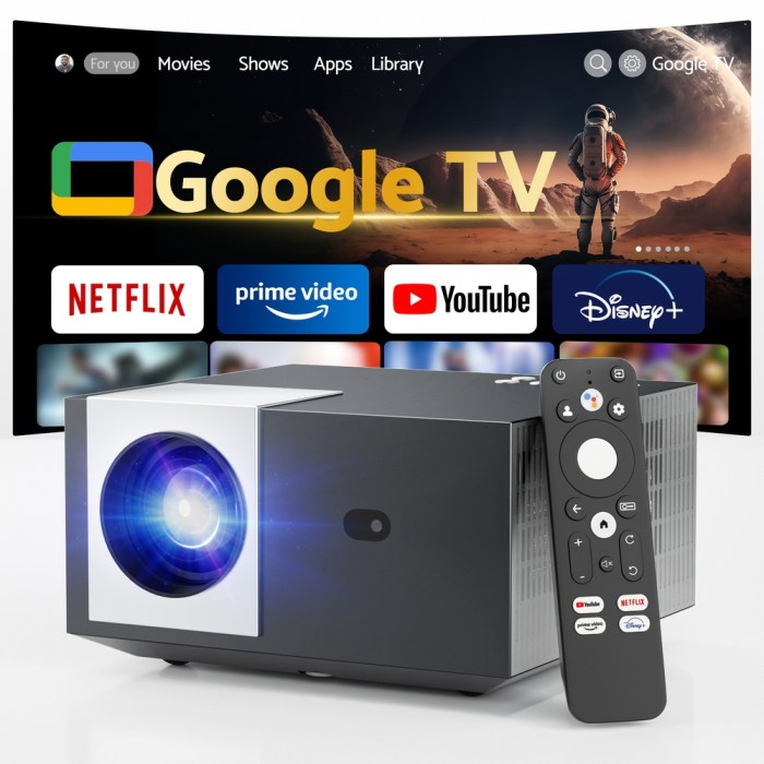 Projector and remote with Google TV interface.