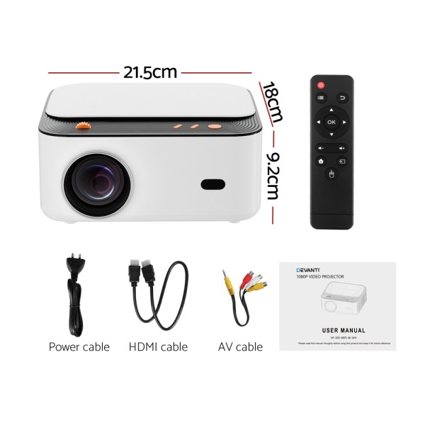 Portable projector with cables and remote control bundle.