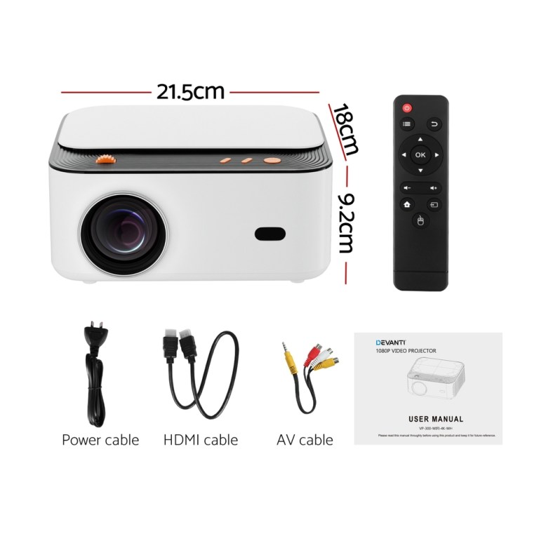 Portable projector with cables and remote control bundle.
