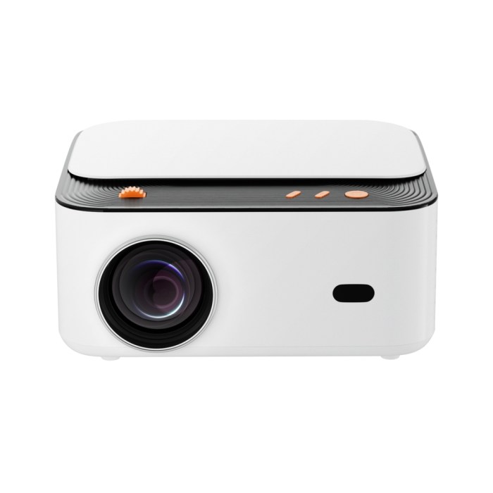 Compact white projector with camera lens