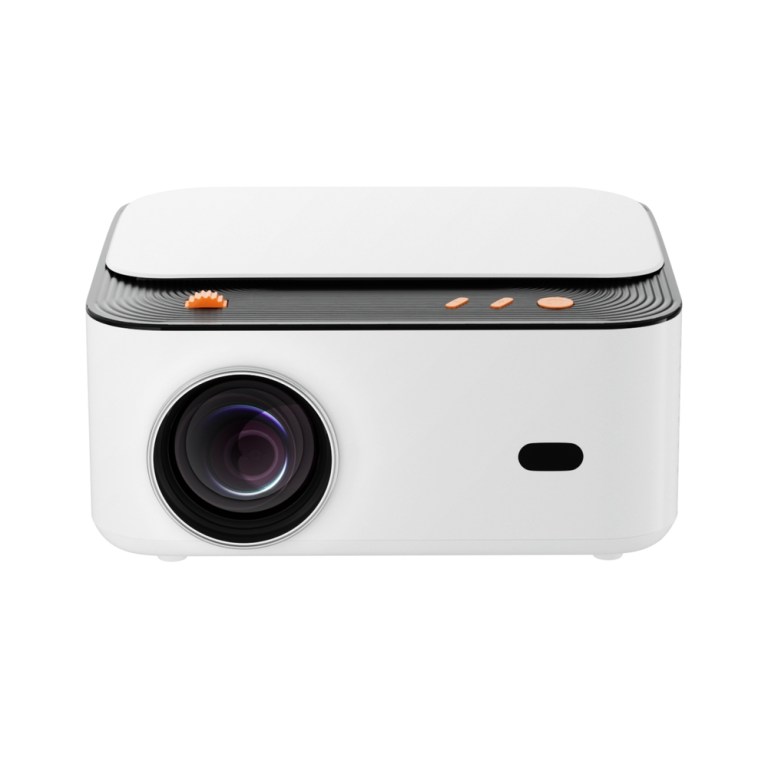 Compact white projector with camera lens