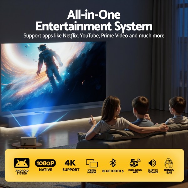 Home entertainment system with streaming services displayed.