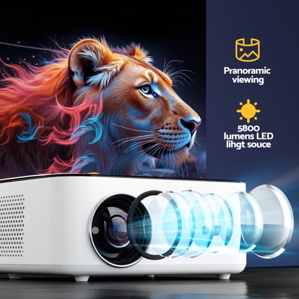 Projector with vibrant tiger image and 5800 lumens.