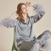 luxury feathers 2pcs pajamas set bride wedding sleepwear gift silk satin long sleeve trouser suits loungewear elegant home wear Luxury Feathers 2Pcs Pajamas Set Bride Wedding Sleepwear Gift Silk Satin Long Sleeve Trouser Suits Loungewear Elegant Home Wear