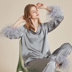 Luxury Feathers 2Pcs Pajamas Set Bride Wedding Sleepwear Gift Silk Satin Long Sleeve Trouser Suits Loungewear Elegant Home Wear
