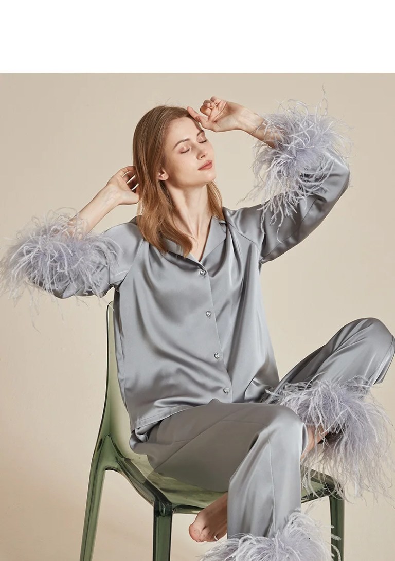 Luxury Feathers 2Pcs Pajamas Set Bride Wedding Sleepwear Gift Silk Satin Long Sleeve Trouser Suits Loungewear Elegant Home Wear