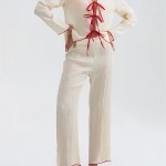 CHRONSTYLE Women Ruched 2 Pieces Pajama Sets Loose Casual Long Sleeve Tie-up Front Shirts Tops and Wide Leg Pants Set Loungewear