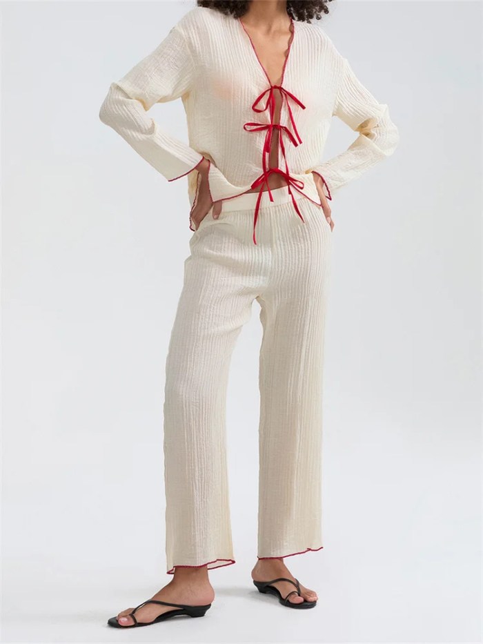 chronstyle women ruched 2 pieces pajama sets loose casual long sleeve tie up front shirts tops and wide leg pants set loungewear CHRONSTYLE Women Ruched 2 Pieces Pajama Sets Loose Casual Long Sleeve Tie-up Front Shirts Tops and Wide Leg Pants Set Loungewear