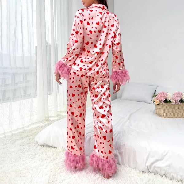 heziowyun women's satin loungewear set heart print feather cuff long sleeve lapel neck button down shirt tops with long pants HEZIOWYUN Women\'s Satin Loungewear Set Heart Print Feather Cuff Long Sleeve Lapel Neck Button Down Shirt Tops with Long Pants 4