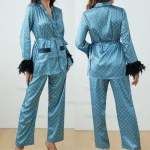 green sleepwear women elegant long sleeve top pants print feather trim pajamas suit 2pcs loungewear nightwear satin homewear Green Sleepwear Women Elegant Long Sleeve Top Pants Print Feather Trim Pajamas Suit 2Pcs Loungewear Nightwear Satin Homewear