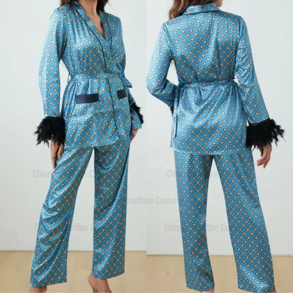 Green Sleepwear Women Elegant Long Sleeve Top Pants Print Feather Trim Pajamas Suit 2Pcs Loungewear Nightwear Satin Homewear