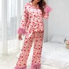 heziowyun women's satin loungewear set heart print feather cuff long sleeve lapel neck button down shirt tops with long pants HEZIOWYUN Women\'s Satin Loungewear Set Heart Print Feather Cuff Long Sleeve Lapel Neck Button Down Shirt Tops with Long Pants 5