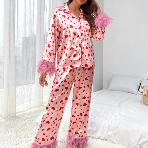 heziowyun women's satin loungewear set heart print feather cuff long sleeve lapel neck button down shirt tops with long pants HEZIOWYUN Women\'s Satin Loungewear Set Heart Print Feather Cuff Long Sleeve Lapel Neck Button Down Shirt Tops with Long Pants 5