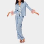 heziowyun women's 2 piece loungewear pjs set feathers long sleeve bow tied front lapel shirt + elastic waist pants sleepwear HEZIOWYUN Women\'s 2 Piece Loungewear Pjs Set Feathers Long Sleeve Bow Tied Front Lapel Shirt + Elastic Waist Pants Sleepwear