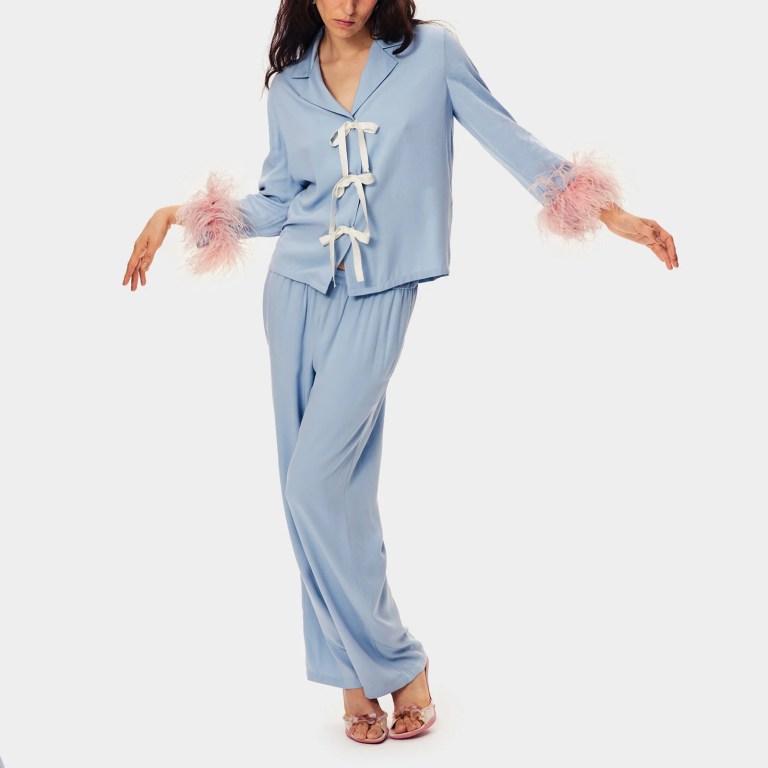 heziowyun women's 2 piece loungewear pjs set feathers long sleeve bow tied front lapel shirt + elastic waist pants sleepwear HEZIOWYUN Women\'s 2 Piece Loungewear Pjs Set Feathers Long Sleeve Bow Tied Front Lapel Shirt + Elastic Waist Pants Sleepwear