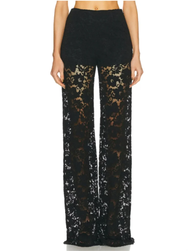 CHRSTYLE Lace Floral Loose Casual Wide Leg Pants for Women Elastic Waist See Through Mesh Summer Pants Beach Cover Ups 2025 5