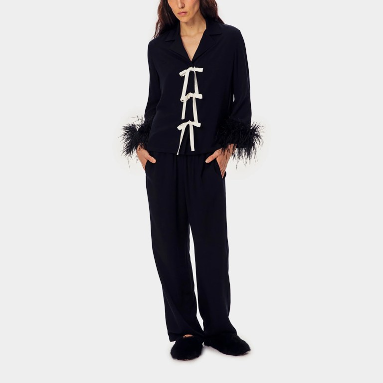 heziowyun women's 2 piece loungewear pjs set feathers long sleeve bow tied front lapel shirt + elastic waist pants sleepwear HEZIOWYUN Women\'s 2 Piece Loungewear Pjs Set Feathers Long Sleeve Bow Tied Front Lapel Shirt + Elastic Waist Pants Sleepwear 4