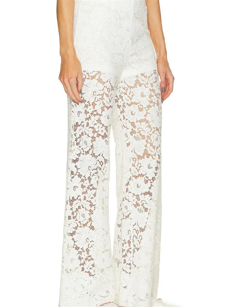 CHRSTYLE Lace Floral Loose Casual Wide Leg Pants for Women Elastic Waist See Through Mesh Summer Pants Beach Cover Ups 2025 3