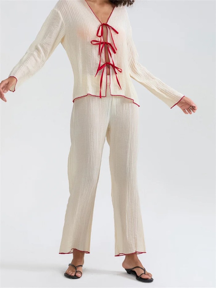 chronstyle women ruched 2 pieces pajama sets loose casual long sleeve tie up front shirts tops and wide leg pants set loungewear CHRONSTYLE Women Ruched 2 Pieces Pajama Sets Loose Casual Long Sleeve Tie-up Front Shirts Tops and Wide Leg Pants Set Loungewear 2
