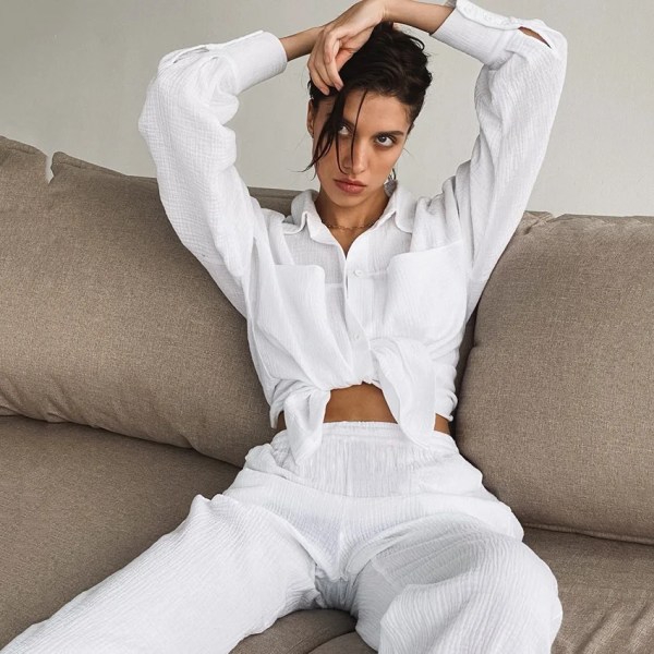 New Long-sleeved Double-layer 100% Cotton Gauze Shirt Pajamas New Trousers Suit 2PCS Set Home Clothes Sleepwear Nightwear 4