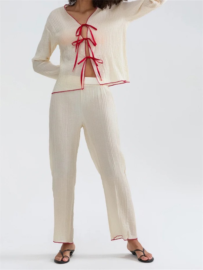 chronstyle women ruched 2 pieces pajama sets loose casual long sleeve tie up front shirts tops and wide leg pants set loungewear CHRONSTYLE Women Ruched 2 Pieces Pajama Sets Loose Casual Long Sleeve Tie-up Front Shirts Tops and Wide Leg Pants Set Loungewear 3