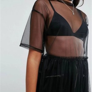 T Shirt Women Black Gauze Mesh Sheer Tops Sheer Long Shirts Casual Loose T-Shirts Transparent Long Short Sleeve Tops