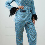 green sleepwear women elegant long sleeve top pants print feather trim pajamas suit 2pcs loungewear nightwear satin homewear Green Sleepwear Women Elegant Long Sleeve Top Pants Print Feather Trim Pajamas Suit 2Pcs Loungewear Nightwear Satin Homewear 5