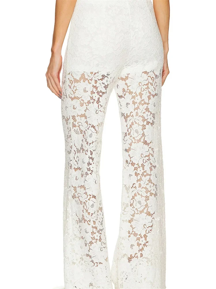CHRSTYLE Lace Floral Loose Casual Wide Leg Pants for Women Elastic Waist See Through Mesh Summer Pants Beach Cover Ups 2025 4