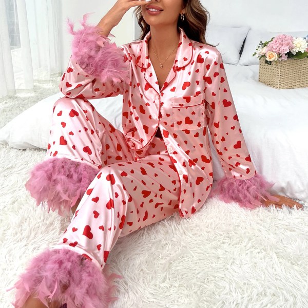 heziowyun women's satin loungewear set heart print feather cuff long sleeve lapel neck button down shirt tops with long pants HEZIOWYUN Women\'s Satin Loungewear Set Heart Print Feather Cuff Long Sleeve Lapel Neck Button Down Shirt Tops with Long Pants 3