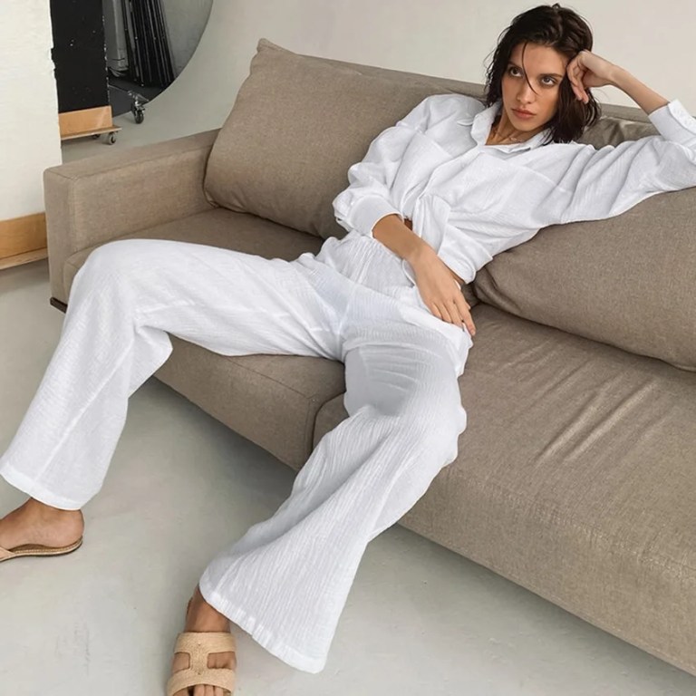 New Long-sleeved Double-layer 100% Cotton Gauze Shirt Pajamas New Trousers Suit 2PCS Set Home Clothes Sleepwear Nightwear