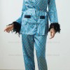 Green Sleepwear Women Elegant Long Sleeve Top Pants Print Feather Trim Pajamas Suit 2Pcs Loungewear Nightwear Satin Homewear 4