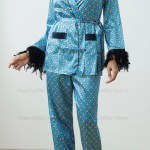 green sleepwear women elegant long sleeve top pants print feather trim pajamas suit 2pcs loungewear nightwear satin homewear Green Sleepwear Women Elegant Long Sleeve Top Pants Print Feather Trim Pajamas Suit 2Pcs Loungewear Nightwear Satin Homewear 4