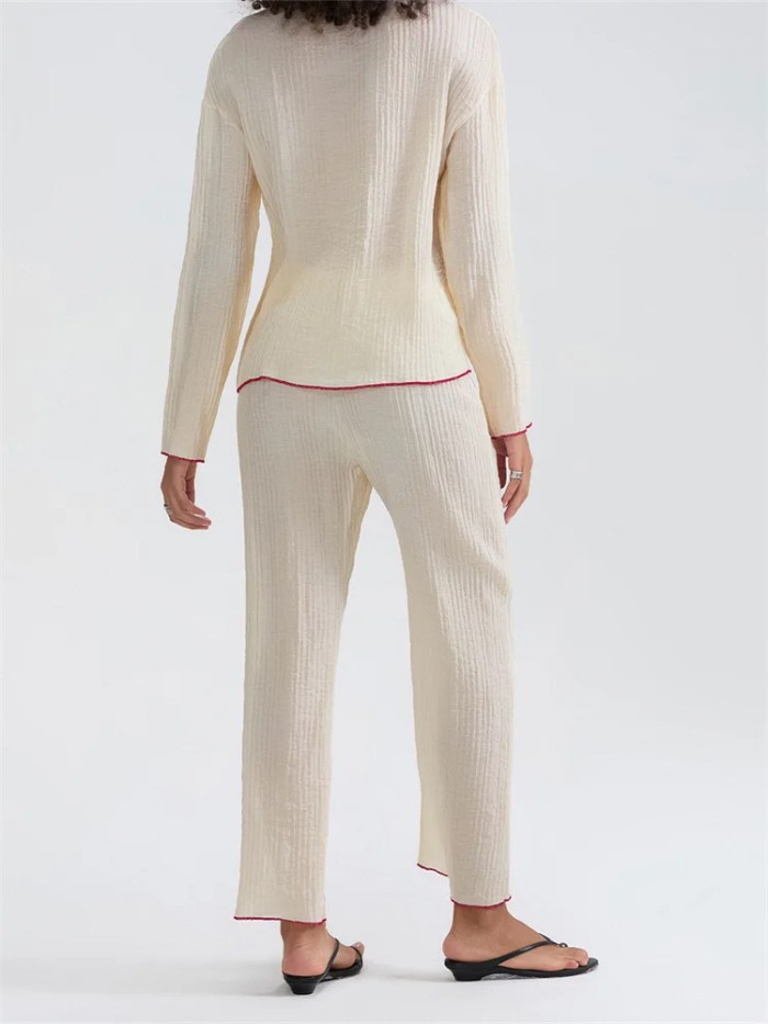 chronstyle women ruched 2 pieces pajama sets loose casual long sleeve tie up front shirts tops and wide leg pants set loungewear CHRONSTYLE Women Ruched 2 Pieces Pajama Sets Loose Casual Long Sleeve Tie-up Front Shirts Tops and Wide Leg Pants Set Loungewear 4