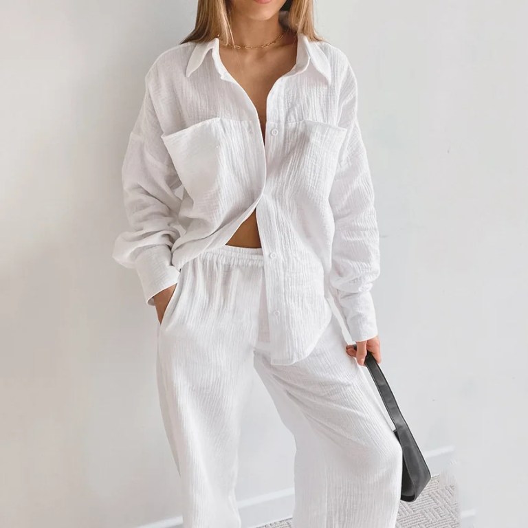 New Long-sleeved Double-layer 100% Cotton Gauze Shirt Pajamas New Trousers Suit 2PCS Set Home Clothes Sleepwear Nightwear 1