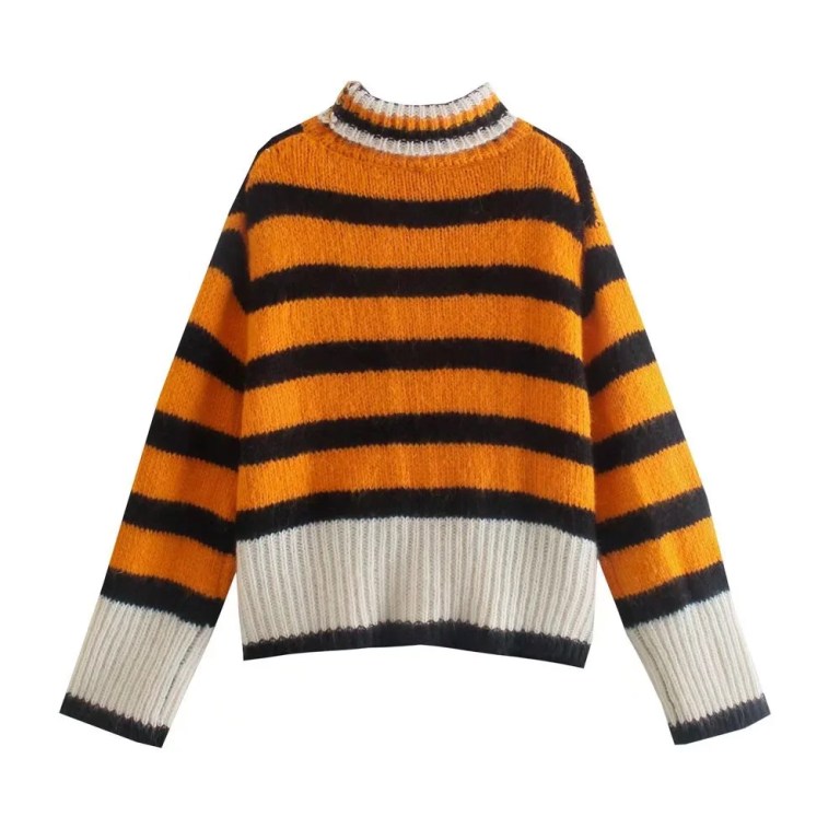 zach women's high collar orange contrast striped loose head knitted sweater autumn/winter new long sleeve sweater Zach Women\'s High Collar orange Contrast Striped Loose Head Knitted Sweater Autumn/Winter New Long Sleeve Sweater 2
