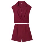 Zach Burgandy pleated double breasted sleeveless V-neck top, new casual straight shorts Set