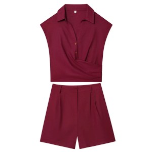 Zach Burgandy pleated double breasted sleeveless V-neck top, new casual straight shorts Set
