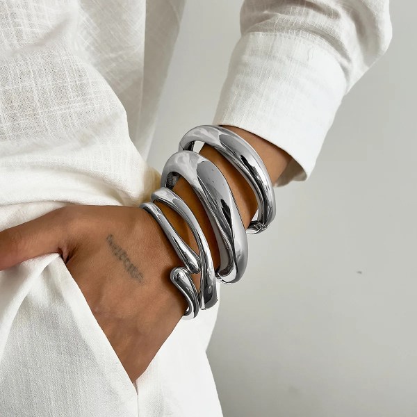 DIAZI 4 Style Exaggerated Gift Gold Silver Color Metal Cuff Bangles for Women Men Hip Hop Punk Geometric Round Bracelet Jewelry 3