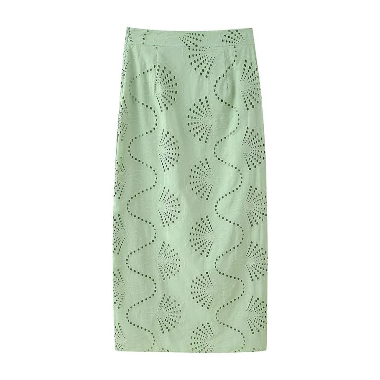 Zach Spring Summer round neck green sleeveless embroidered Crop slim fit split skirt 5