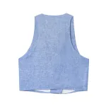 Zach Spring Summer women\'s Blue Linen Look double breasted round neck sleeveless vest with wide leg pants 3